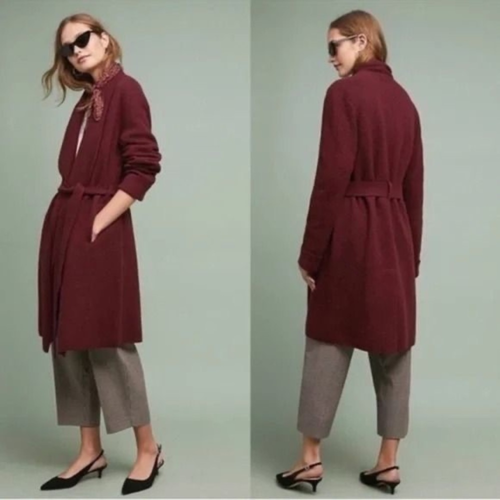 Anthropologie nwot wool blend‎ waist tie cardigan burgundy